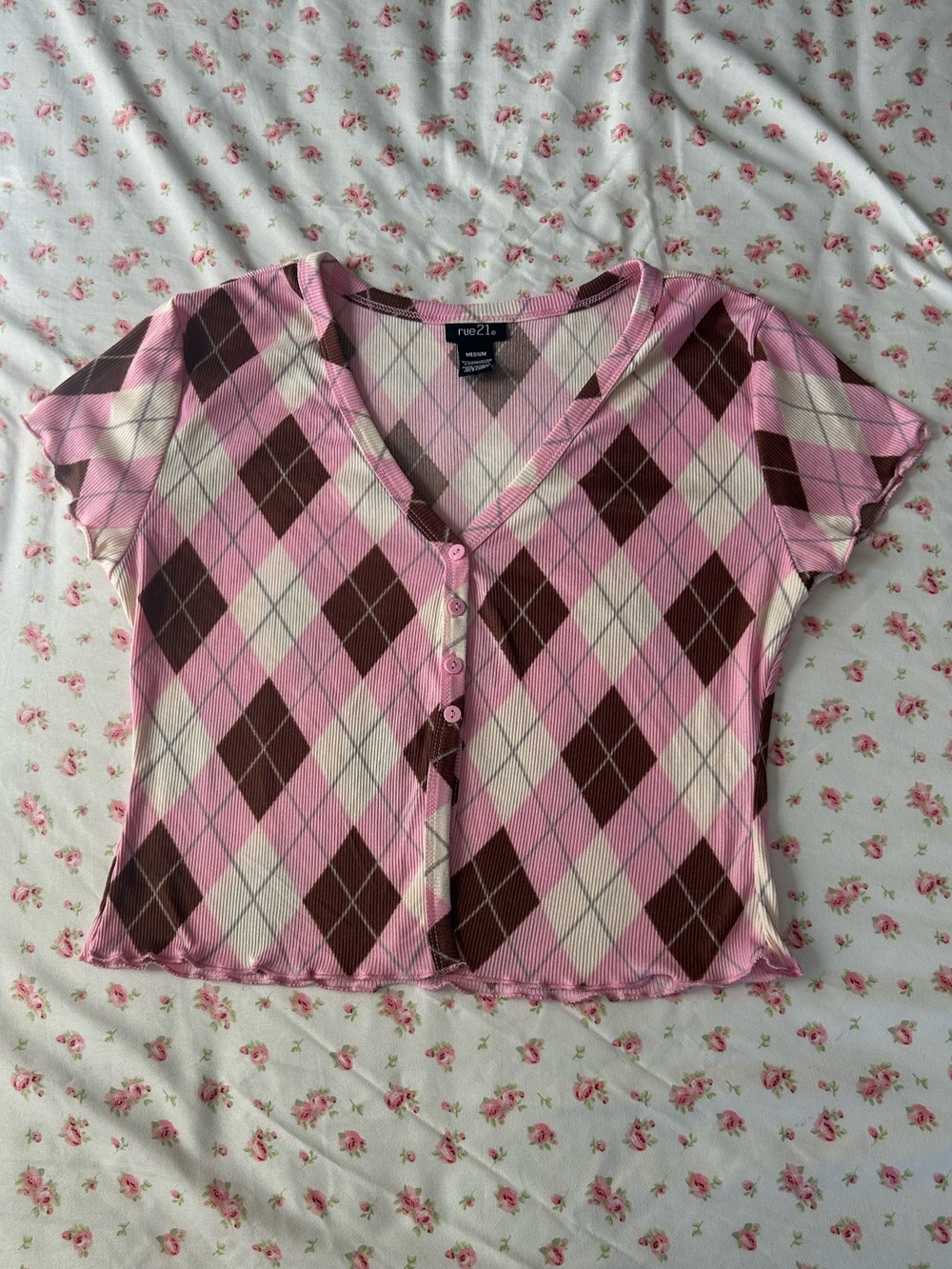 Rue21 Pink and Brown Argyle Cropped Button-Up Top